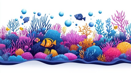 Vibrant underwater scene featuring colorful corals, tropical fish, and bubbles, perfect for marine-themed designs.