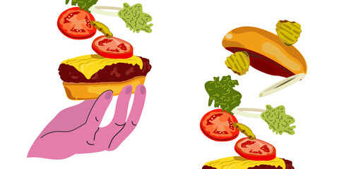 Fast food illustration. Vector burgers in flat style. National burger day. Cheeseburger modern poster. Burger Banner. Set of ingredients for a Burger. Burger design for motion graphics