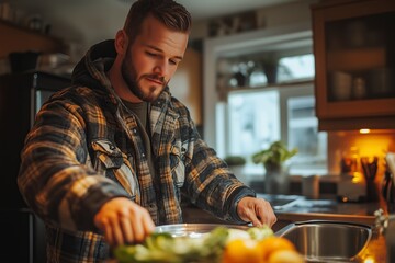 A bearded man in a plaid jacket is seen cooking a hearty meal in a cozy, warmly lit kitchen.