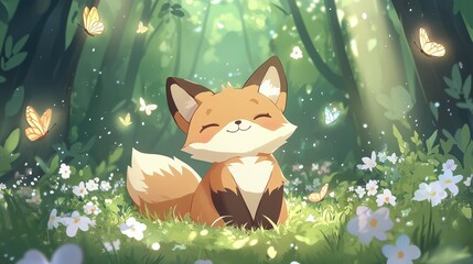 Cheerful cartoon chibi fox and colorful butterflies in big spring forest. Surrounded by flowers and nature