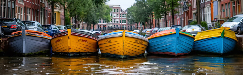 Obraz premium ** Colorful Boats Docked along a Tranquil Amsterdam Canal on a Rainy Day