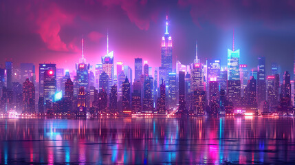 Obraz premium Vibrant Futuristic New York City Skyline at Night with Neon Lights Reflecting on Calm Waters