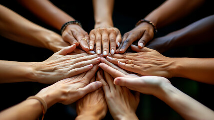 Community Support and Unity Concept - Diverse Hands Together in a Circle - Symbol of Inclusiveness, Diversity, and Solidarity
