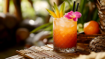 Mai Tai served on a bamboo table, with tropical decorations around