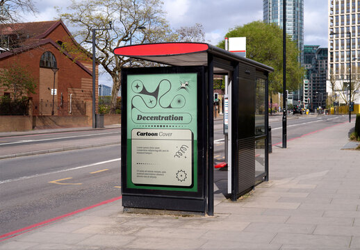 Mockup Of Customized Vertical Sign On Bus Stop