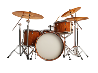Professional drum set with cymbals, brown finish, isolated on white background. PNG transparent.