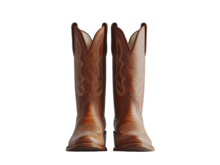 Brown cowboy boots with intricate stitching and leather texture, isolated on white background. PNG transparent.