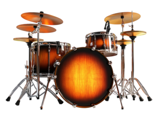 Professional drum set with cymbals, brown finish, isolated on white background. PNG transparent.