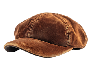 Brown vintage flat cap with worn texture, isolated on white background. PNG transparent.