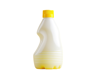 White detergent bottle with yellow cap, isolated on yellow background. PNG transparent.