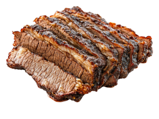 Slices of smoked beef brisket with rich marbling, isolated on white background. PNG transparent.