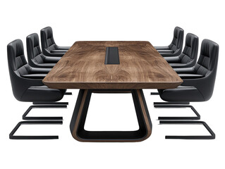 Conference table with black chairs arranged, isolated on white background. PNG transparent.