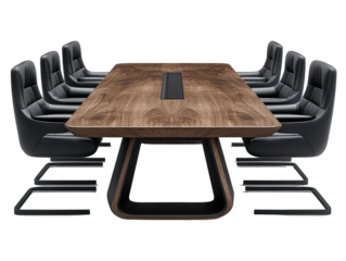 Conference table with black chairs arranged, isolated on white background. PNG transparent.