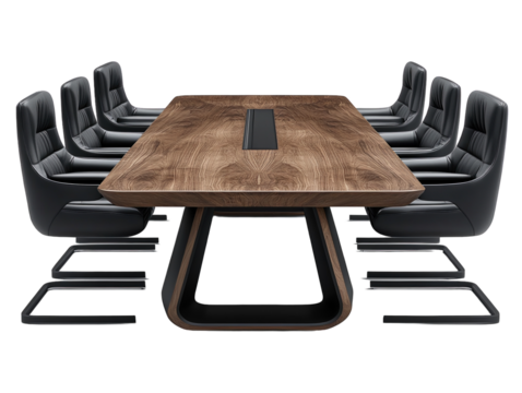 Conference table with black chairs arranged, isolated on white background. PNG transparent.
