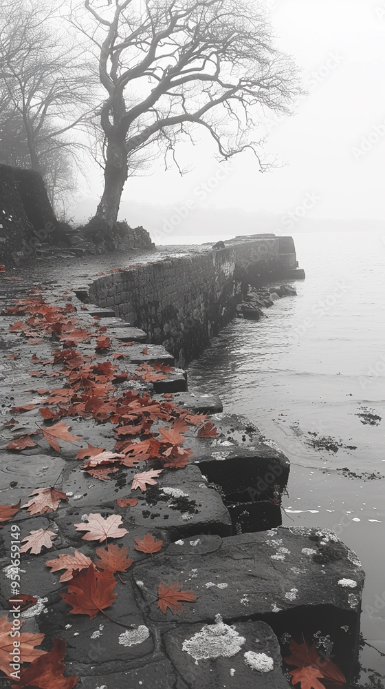 Poster Serene Autumn Lakeside Pathway: Tranquil Misty Morning Scene with Fallen Leaves by the Water