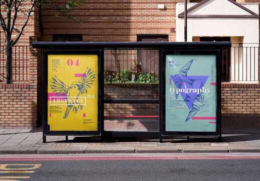Mockup Of Two Customized Vertical Signs On Bus Stop