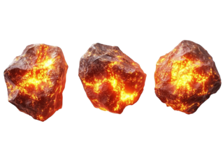 Four fiery space rocks on white background, intense and detailed.