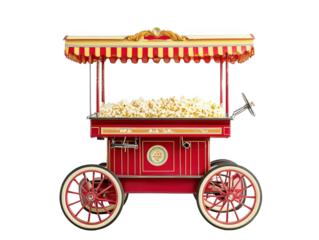 Retro popcorn cart on white background, vintage and fun.