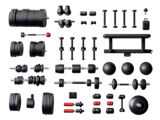 Various gym equipment on white background, modern and organized.