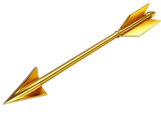 Golden arrow isolated on white background, shiny and metallic.
