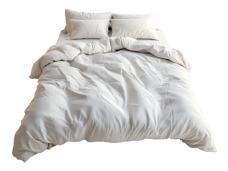 White bed with messy sheets on white background, cozy and soft.