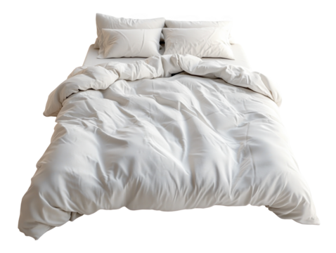 White bed with messy sheets on white background, cozy and soft.