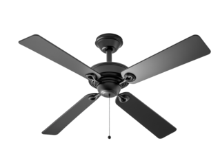 Black ceiling fan with four blades, isolated on white background, minimalistic design PNG transparent.