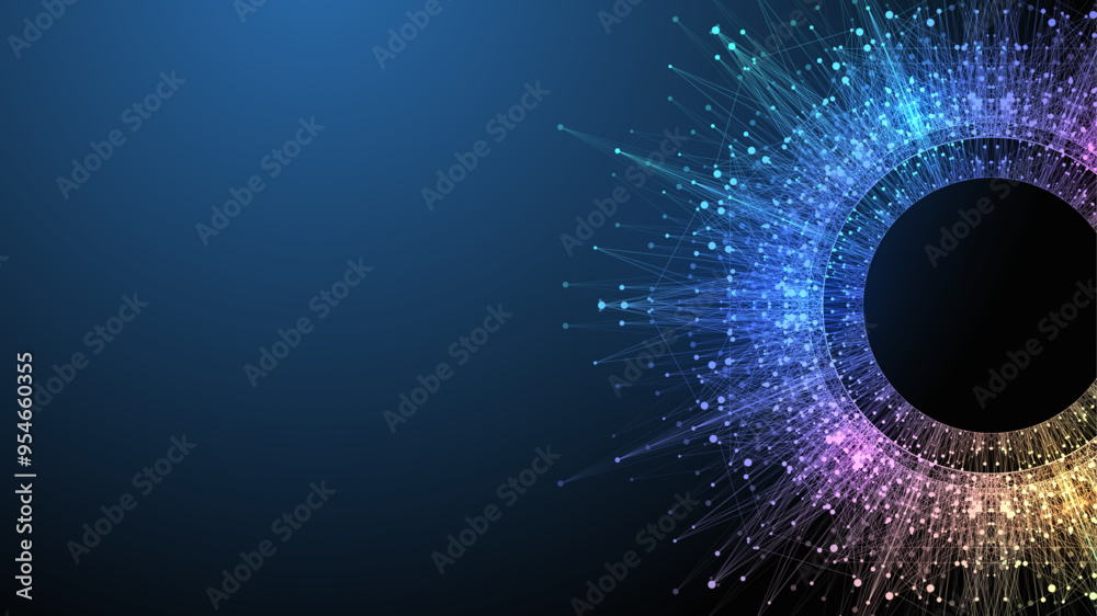 Fototapete Scientific vector illustration quantum computer technology. Plexus fiction effect. Deep learning artificial intelligence. Big data algorithms visualization. Quantum explosion background.