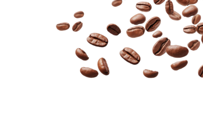 Brown coffee beans falling against white background. Perfect for coffee shops, cafes, food blogs, and social media posts. Rich and aromatic