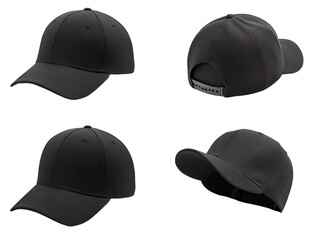 Black sports cap, multiple angles, isolated on a white background, minimalistic style PNG transparent.