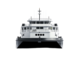 Front view of a large ferry boat isolated on white background. PNG transparent.