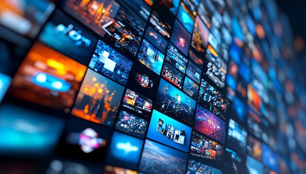 Wall Of Video Screens, Multimedia Content, Entertainment, Information, Digital Technology