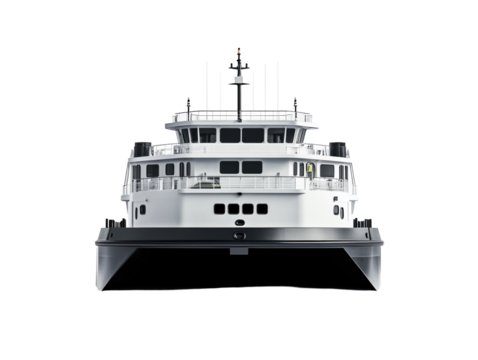 Front view of a large ferry boat isolated on white background. PNG transparent.