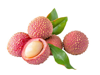 Lychee fruits, whole and peeled, with leaves on white background. PNG transparent.