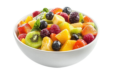 Mixed fruit salad in a white bowl on a white background. PNG transparent.