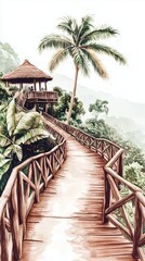 Scenic tropical pathway leading to a wooden hut in lush jungle landscape.