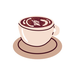 Hot or cold coffee beverage with cute doodle decoration. Espresso, americano cup, cappuccino and latte in glasses. Vector illustration hand drawn style.