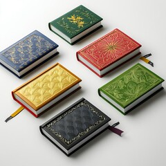 Fototapeta premium Six colorful hardcover journals with embossed designs, perfect for writing, journaling, and note-taking.