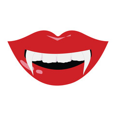 Vampire mouth with fangs vector icon. Cartoon open female red lips with long pointed teeth  expression emotion isolated on white background