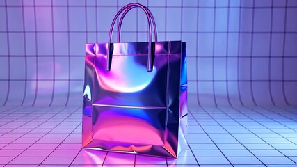 Holographic shopping bag on tiled floor, futuristic vibe. Modern retail and fashion concept