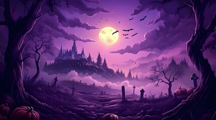 Haunted Graveyard with Full Moon and Gothic Castle, Ideal for Halloween Dark Theme Wallpaper