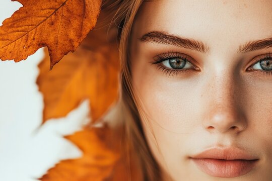 Autumn fall woman banner with copy space. beautiful face portrait. natural beauty. fall season fashion. girl enjoy weather with autumn leave with generative ai