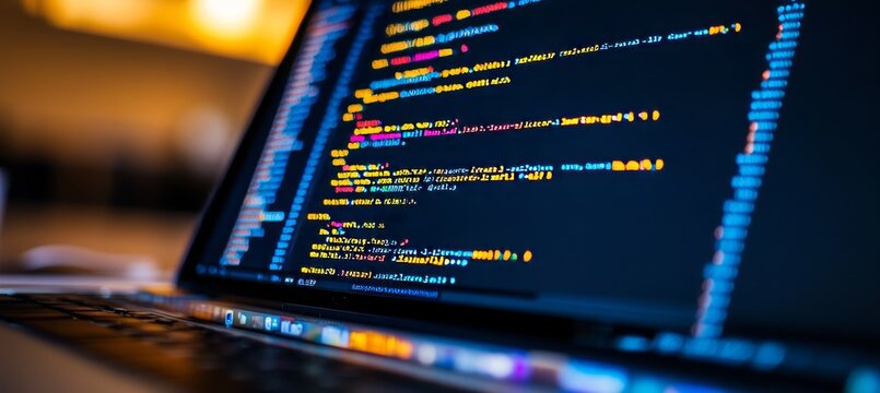 Close-up of a Computer Screen Displaying Lines of Colorful Code. Programming, Software Development.