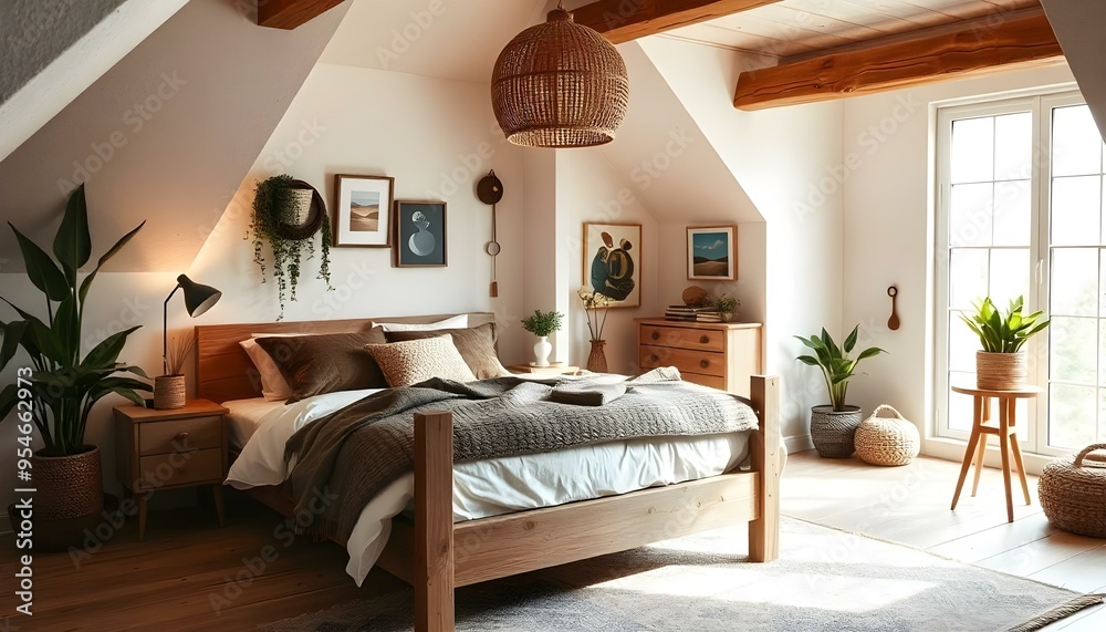 Wall mural A cozy and bright attic bedroom with a wooden bed frame, a large window letting in natural light, and various decorative elements like plants and artwork on the walls