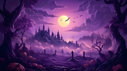 Haunted Graveyard with Full Moon and Gothic Castle, Ideal for Halloween Dark Theme Wallpaper