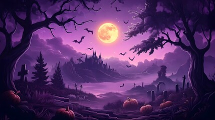 Haunted Graveyard with Full Moon and Gothic Castle, Ideal for Halloween Dark Theme Wallpaper