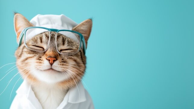 Cute tabby cat dressed as a doctor, wearing a white coat and glasses, smiling against a blue background. Adorable pet in costume.