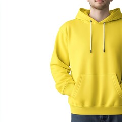 Blank hoodie mockup, clothing branding display, soft cotton texture, striking yellow, isolated on white background, no shadows on background
