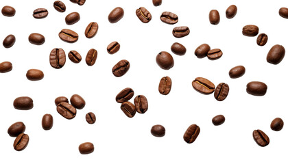 Brown coffee beans falling against white background. Perfect for coffee shops, cafes, food blogs, and social media posts. Rich and aromatic