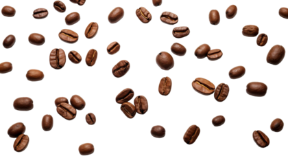 Brown coffee beans falling against white background. Perfect for coffee shops, cafes, food blogs, and social media posts. Rich and aromatic